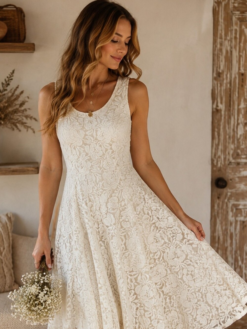 Free People "Miles of Lace" Ivory Floral Lace Fit & Flare Dress • Romantic Boho